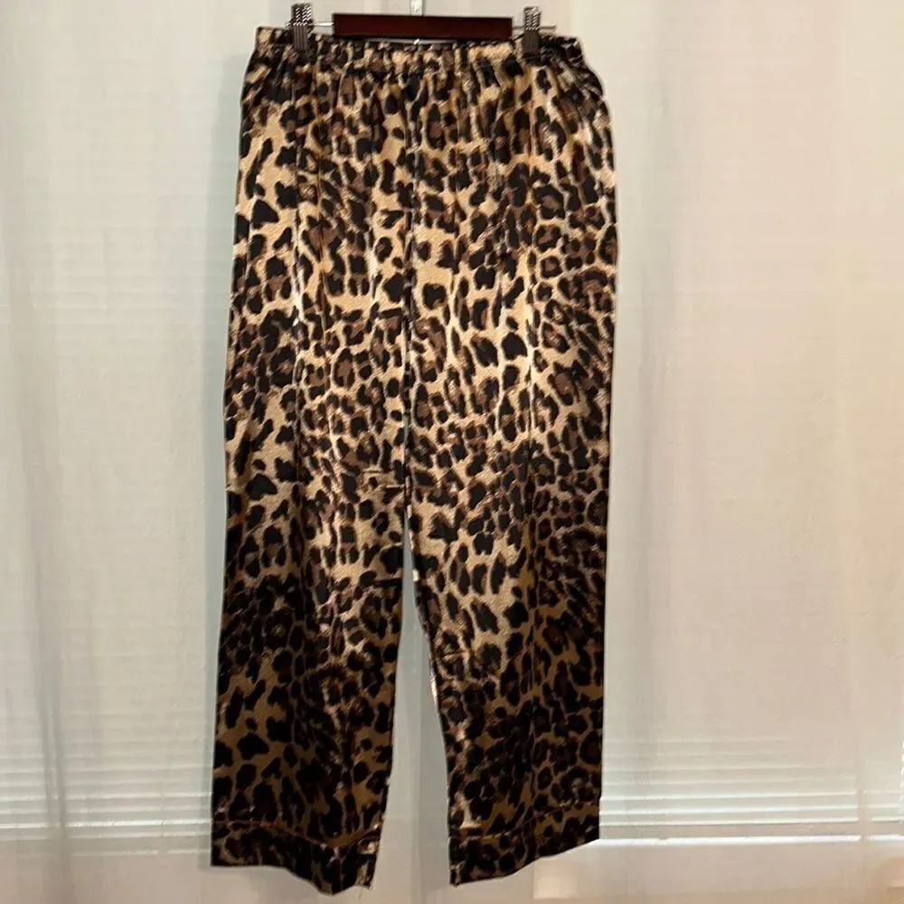 Satin 2X Animal Print Tan Black Brown Wide Leg Pajama Pants
